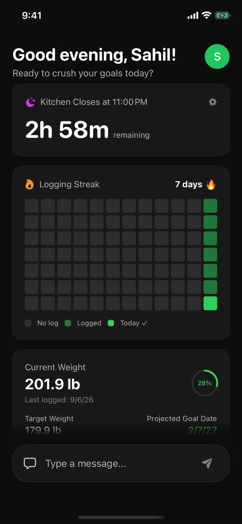 Home dashboard showing the Kitchen Close countdown and a 7-day logging streak grid