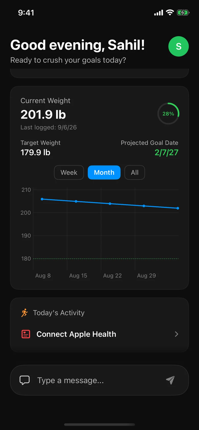 Weight card showing 201.9 lb against a 179.9 lb target, with a 30-day trend line falling from 206 to 202 lb