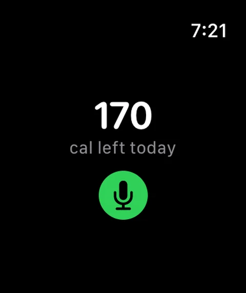 Apple Watch app showing '170 cal left today' above a green microphone button